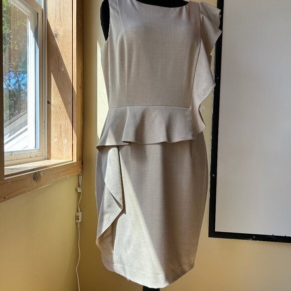 Calvin Klein Dresses & Skirts - Calvin Klein Beige Asymmetrical Ruffle Sleeveless Sheath Womens Size 14/XLarge